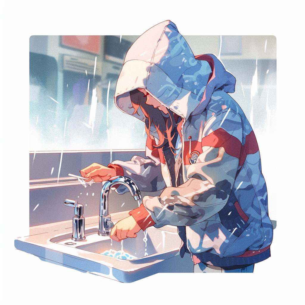 A person rinsing a parka under a tap