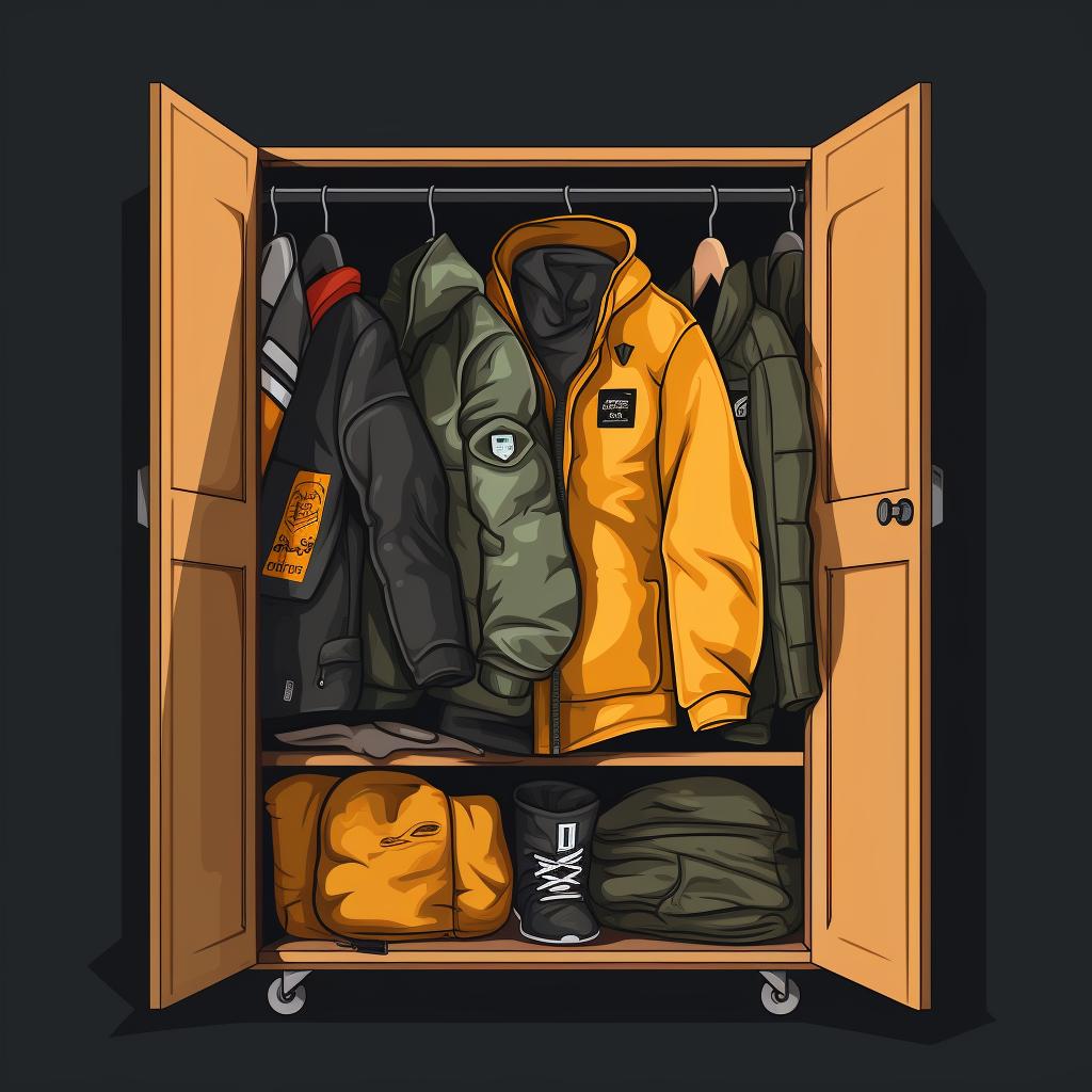 A parka neatly folded and stored in a closet